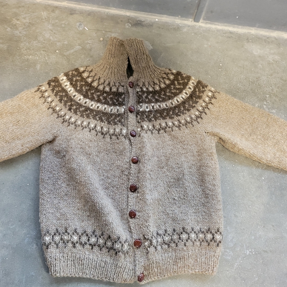 Womens Beige Fair Isle Wool Button-Up Sweater